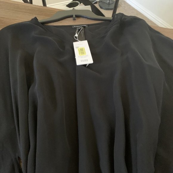 NWT Eileen Fisher Black Sheer Silk Georgette V-Neck Caftan Dress - Picture 9 of 10